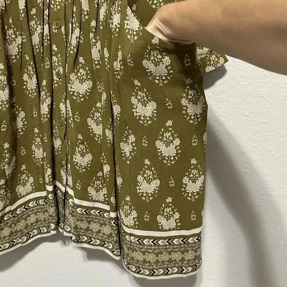 Garnet Hill Olive Green Floral Drop Waist Dress Women’s Size 2 Button Up Pockets - Picture 6 of 11